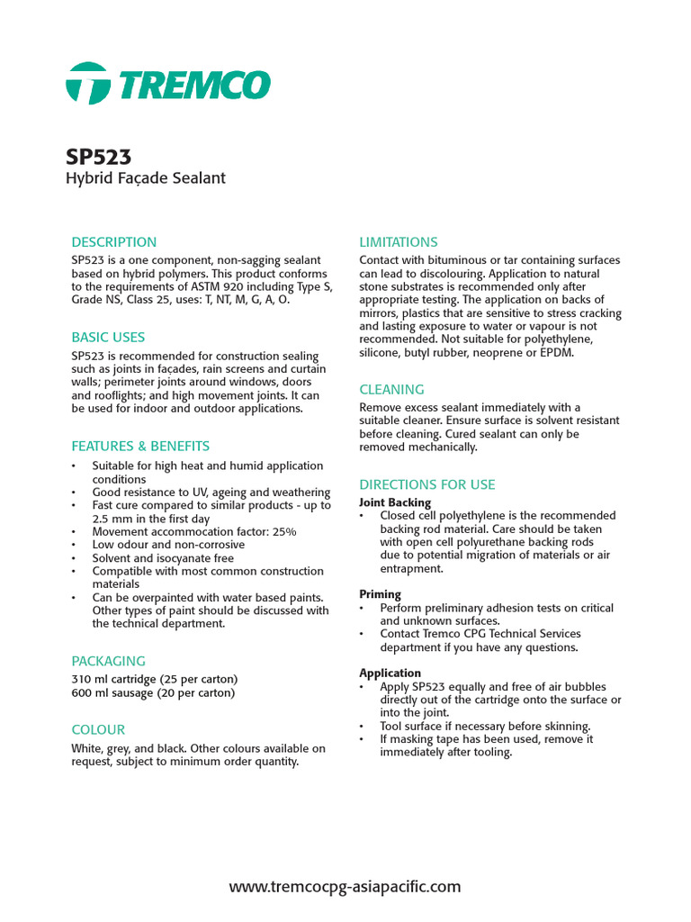 TDS - Tremco CPG APAC - SP523 | PDF