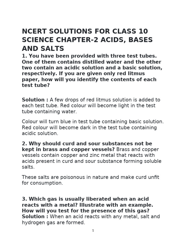 Class 10 Science: Acids, Bases, and Salts Solutions | PDF