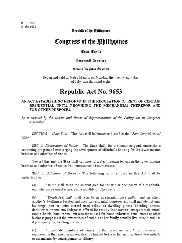 Republic Act No 9653 Rent Control Act 2009 PDF Lease Renting