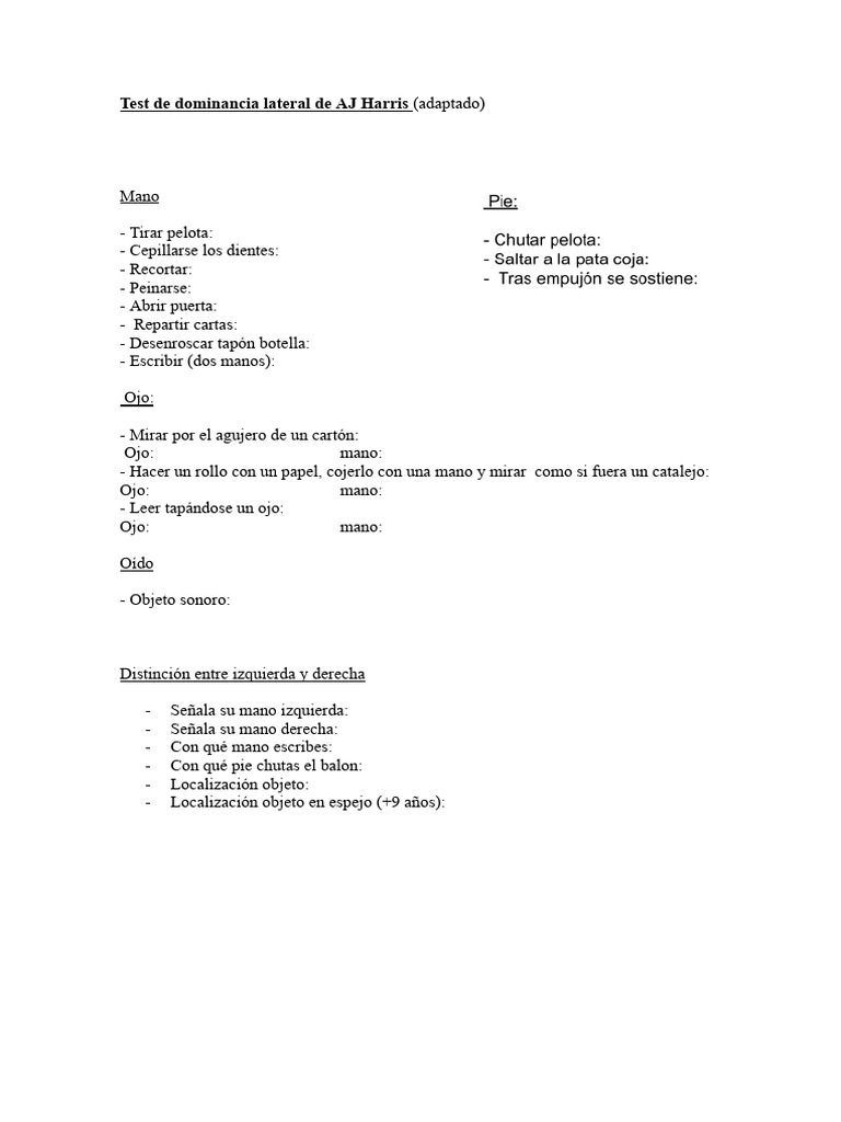 Test de Dominancia Lateral de AJ Harris | PDF