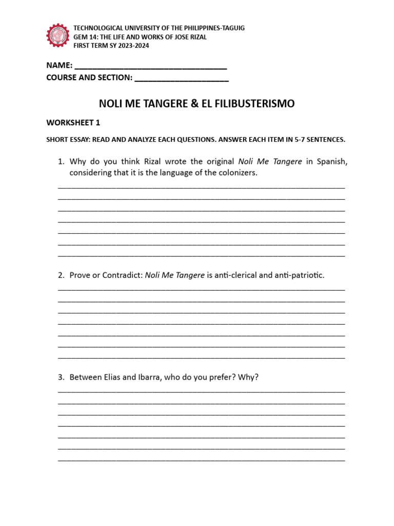 Asynchronous Worksheet - Noli-El Fili | PDF