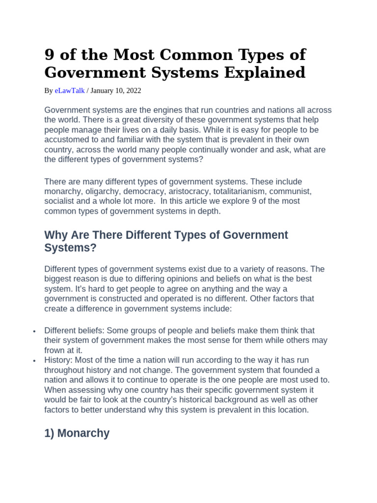 9 of The Most Common Types of Government Systems Explained | PDF