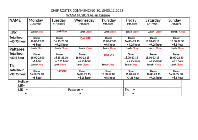 0080 Chef Roster 30.10-5.11.2023 Lek, Pattaree, Tic | PDF