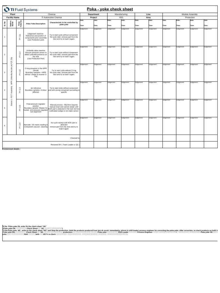 Poka Yoke Check Sheet for Leak Tests | PDF | Barcode