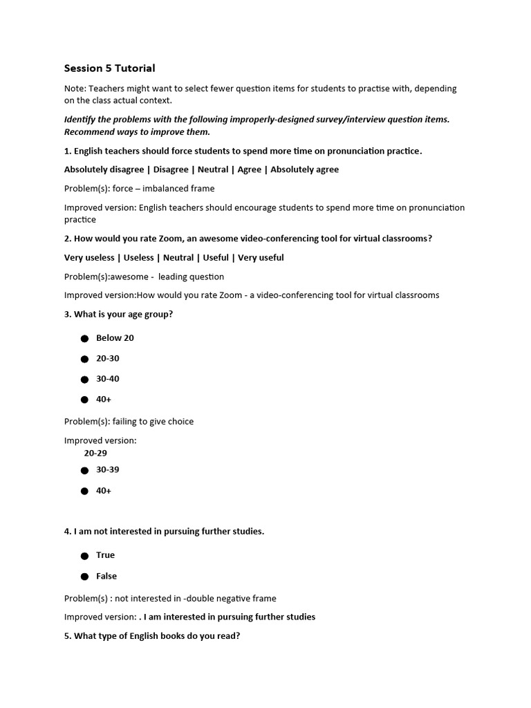 Practice 5 - What's Wrong With The Following Question Items | PDF ...