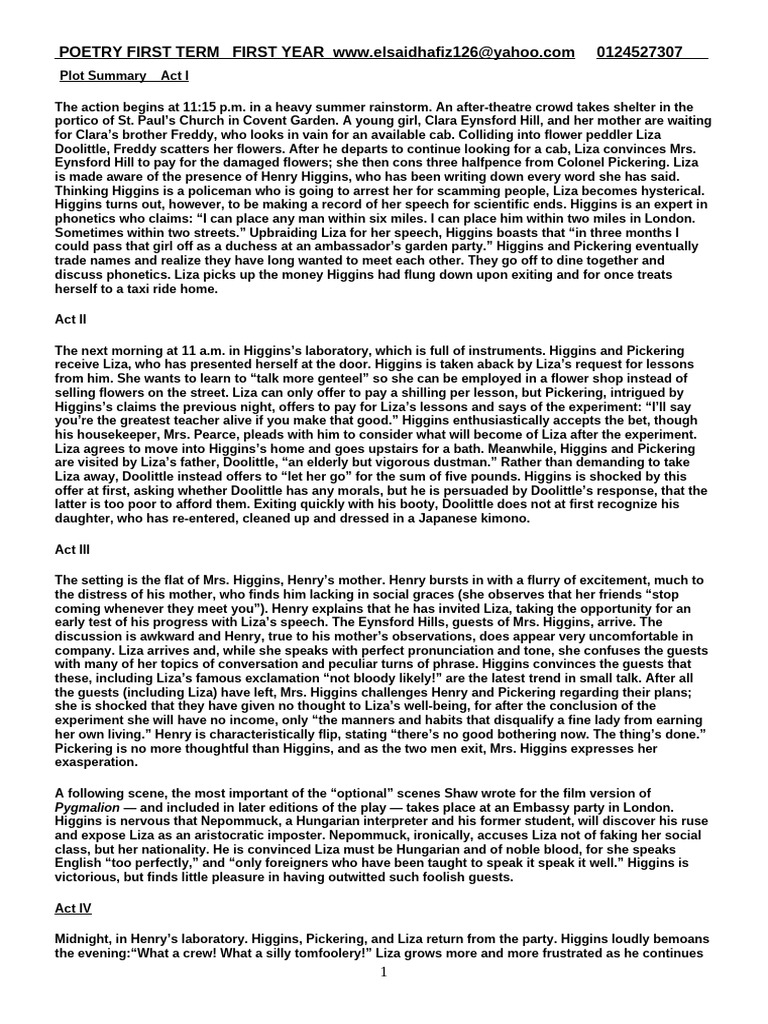 Pygmalion plot pdf pygmalion play 