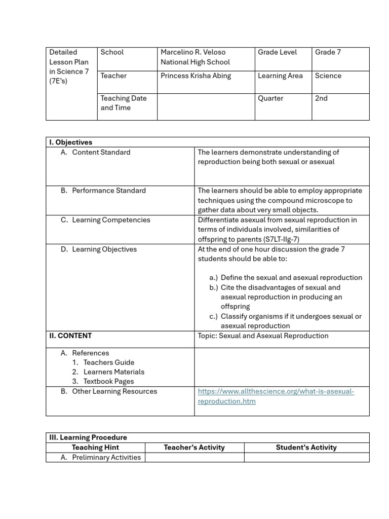 Grade 7 Lesson Plan: Reproduction Types | PDF | Reproduction | Sexual ...