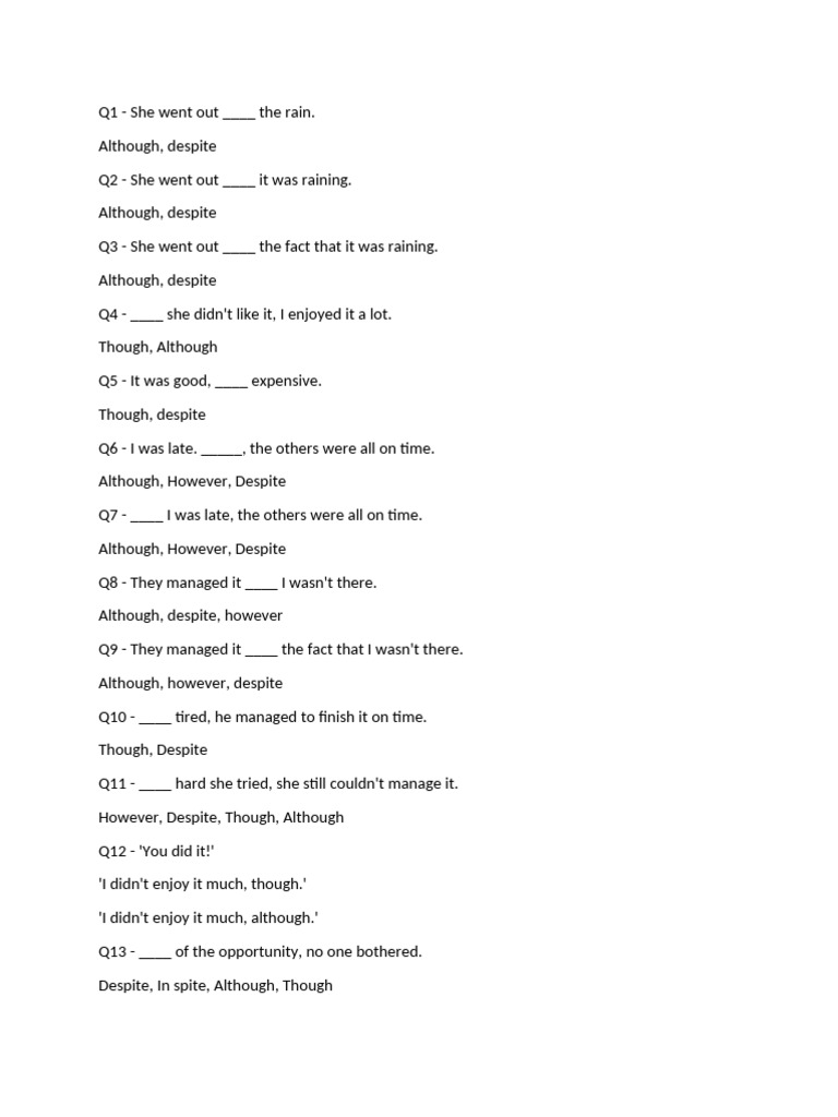 Conjunctions: Although vs. Despite | PDF
