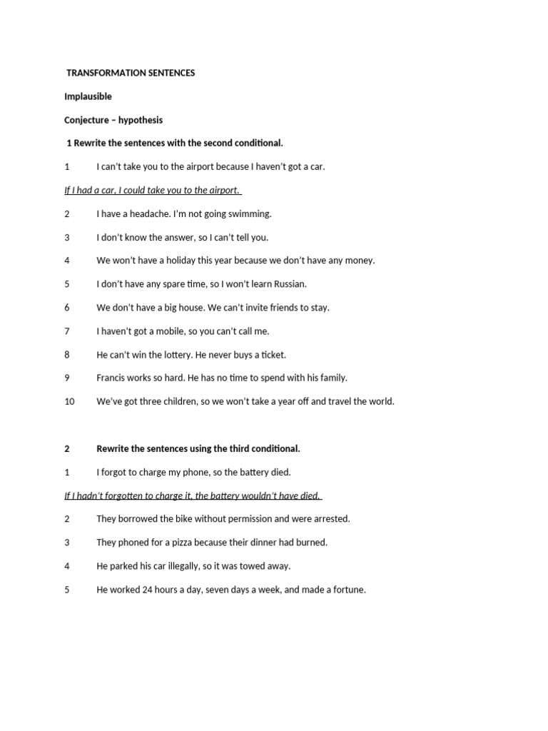 Transformation Sentences Conditionals | PDF
