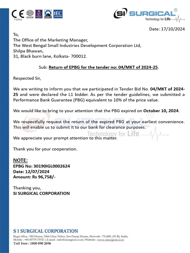 Request for PBG Return and Payment Status | PDF