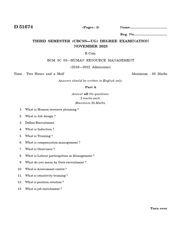B.Com HRM Question Paper Nov 2023 | PDF | Human Resource Management ...