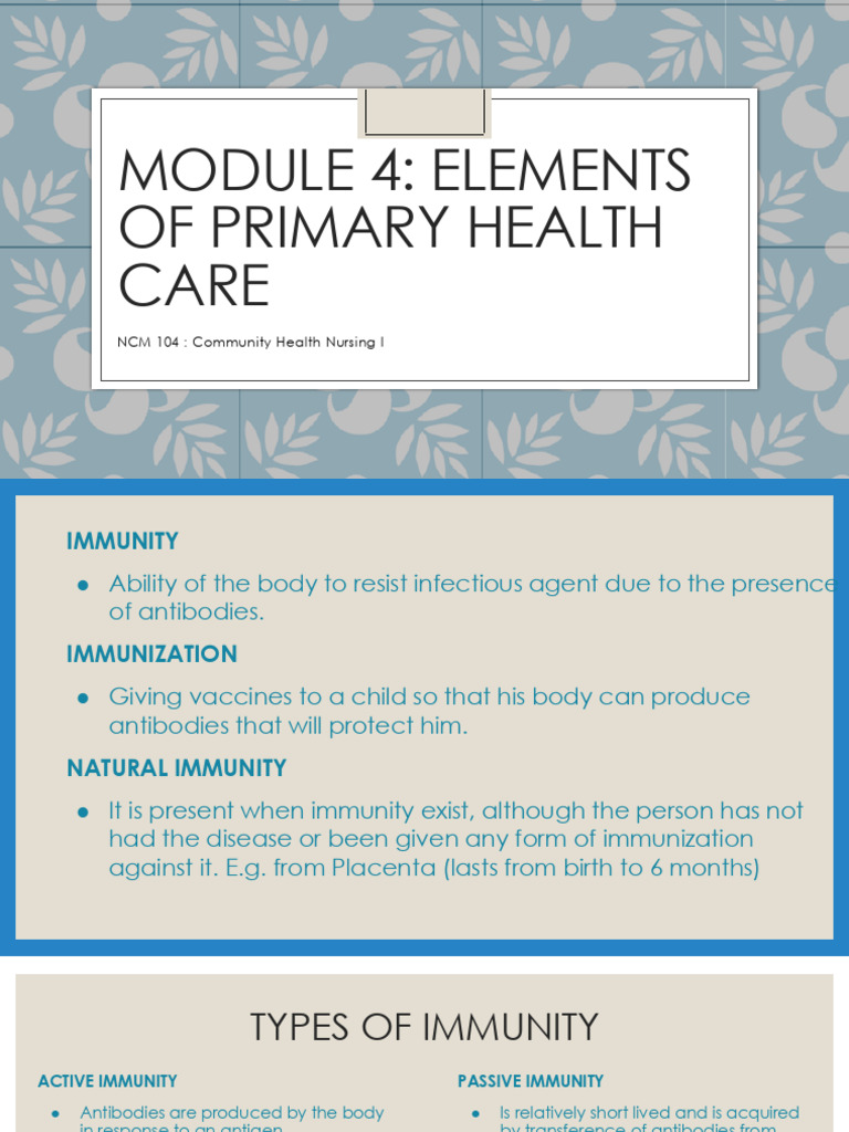 Module 4 - Elements of Primary Health Care | PDF | Vaccines | Microbiology