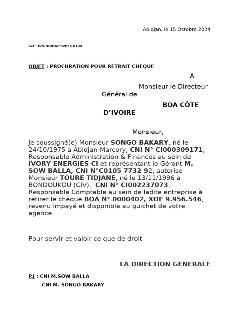 Procuration pour retrait de chèque BOA | PDF
