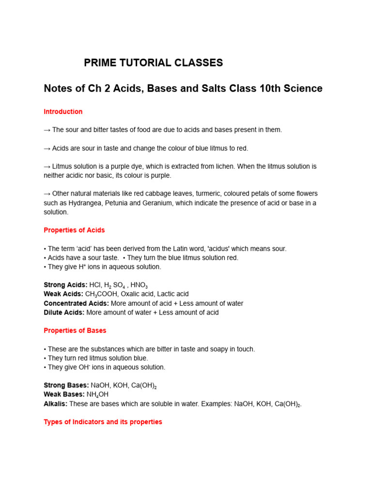 Class X Science Chap 2 Notes | PDF | Acid | Ph