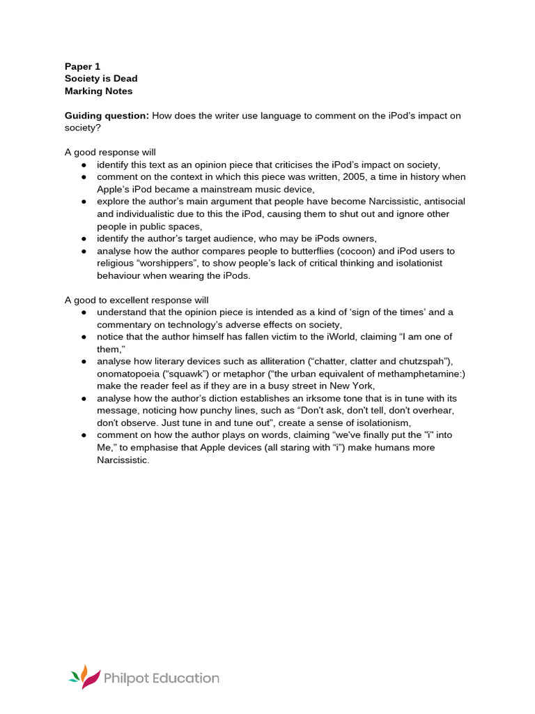 P1 - Society Is Dead - Marking Notes | PDF | General Fiction