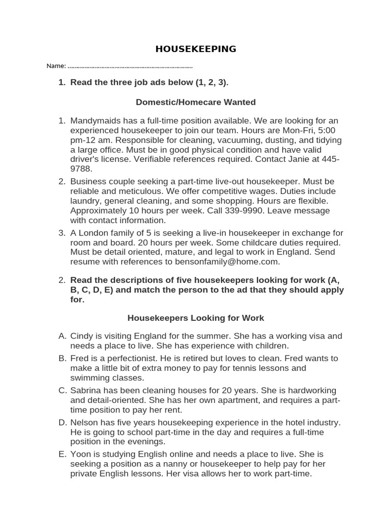 Housekeeping Job Match Guide | PDF