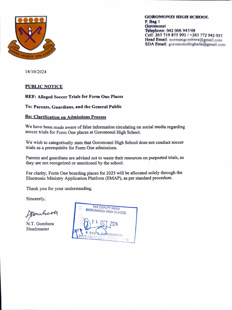Goromonzi High School Admission Notice | PDF