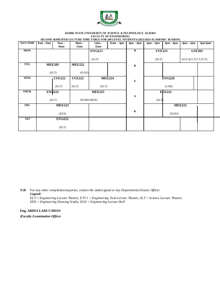 Kebbi State University 200 Level Timetable | PDF