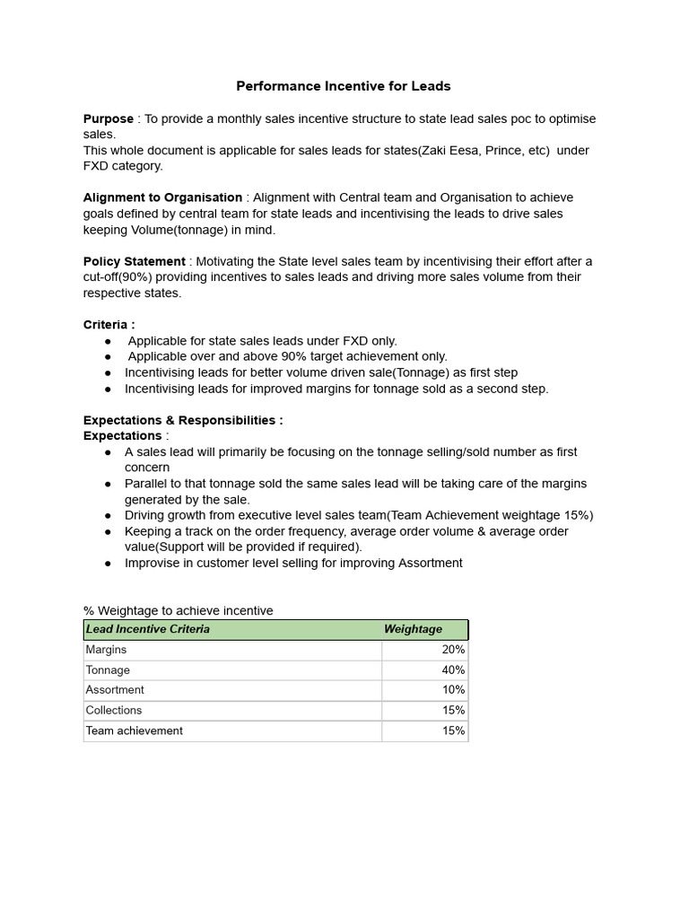 Monthly Sales Incentive Plan for Leads | PDF | Incentive | Sales