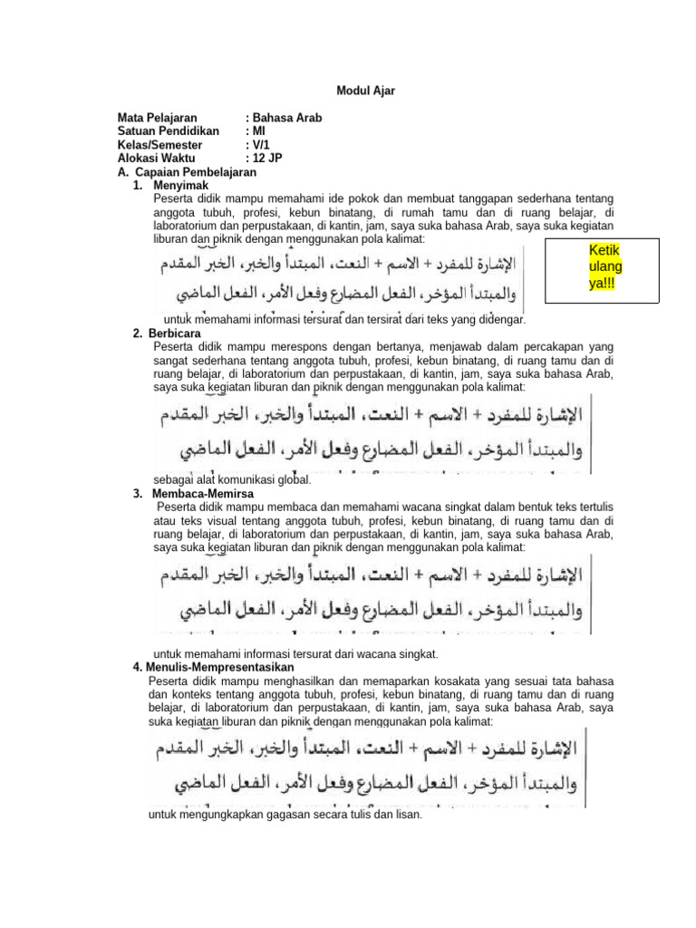 Modul Ajar Bahasa Arab Kelas V MI | PDF | Seni & Disiplin Bahasa