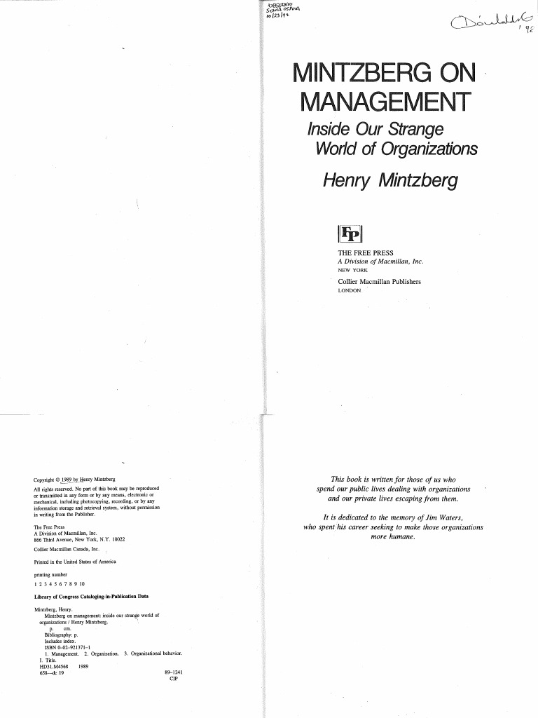 Mintzberg, H. (1989) - Mintzberg On Management Chapter 3 The Manager's ...