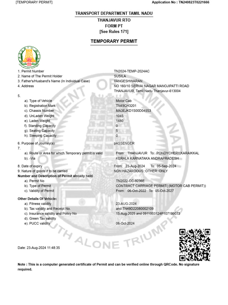 Tamil Nadu Temporary Vehicle Permit | PDF | Motor Vehicle | Land Transport