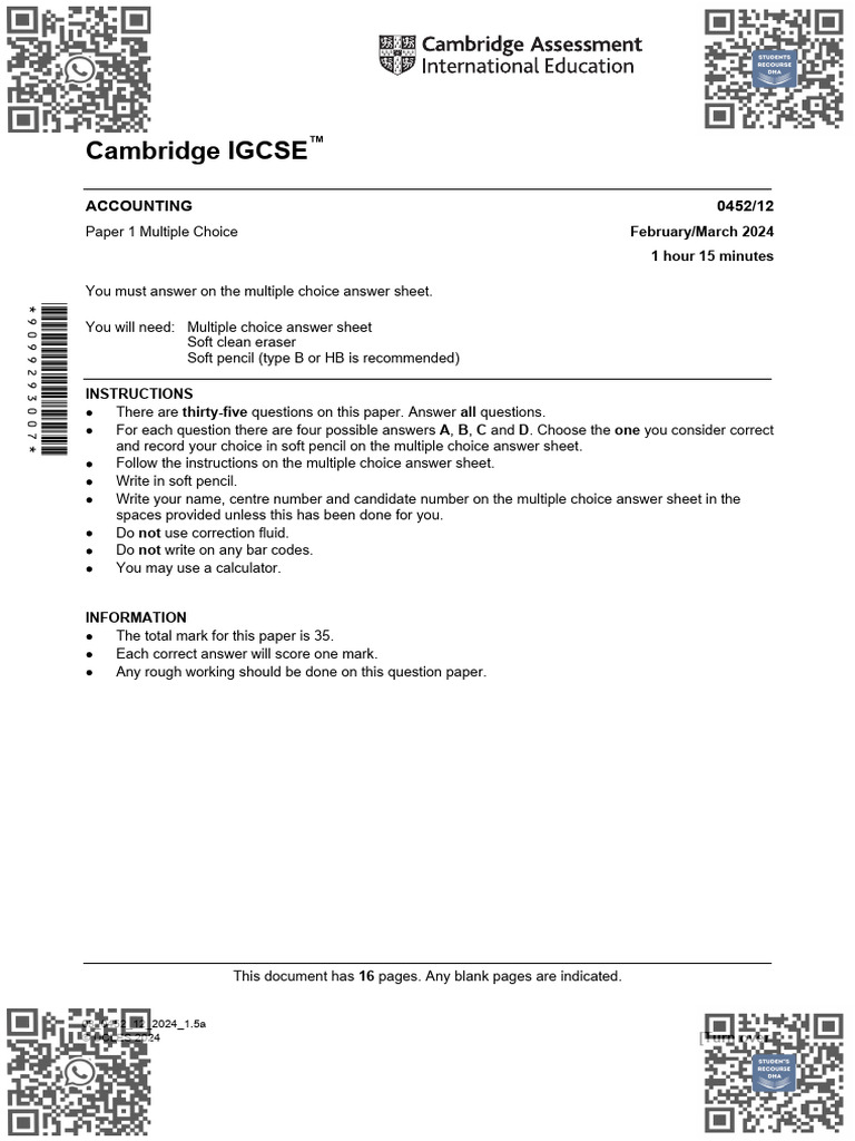 Igcse Accounting Paper 1 + Marking Scheme February March 2024 PDF