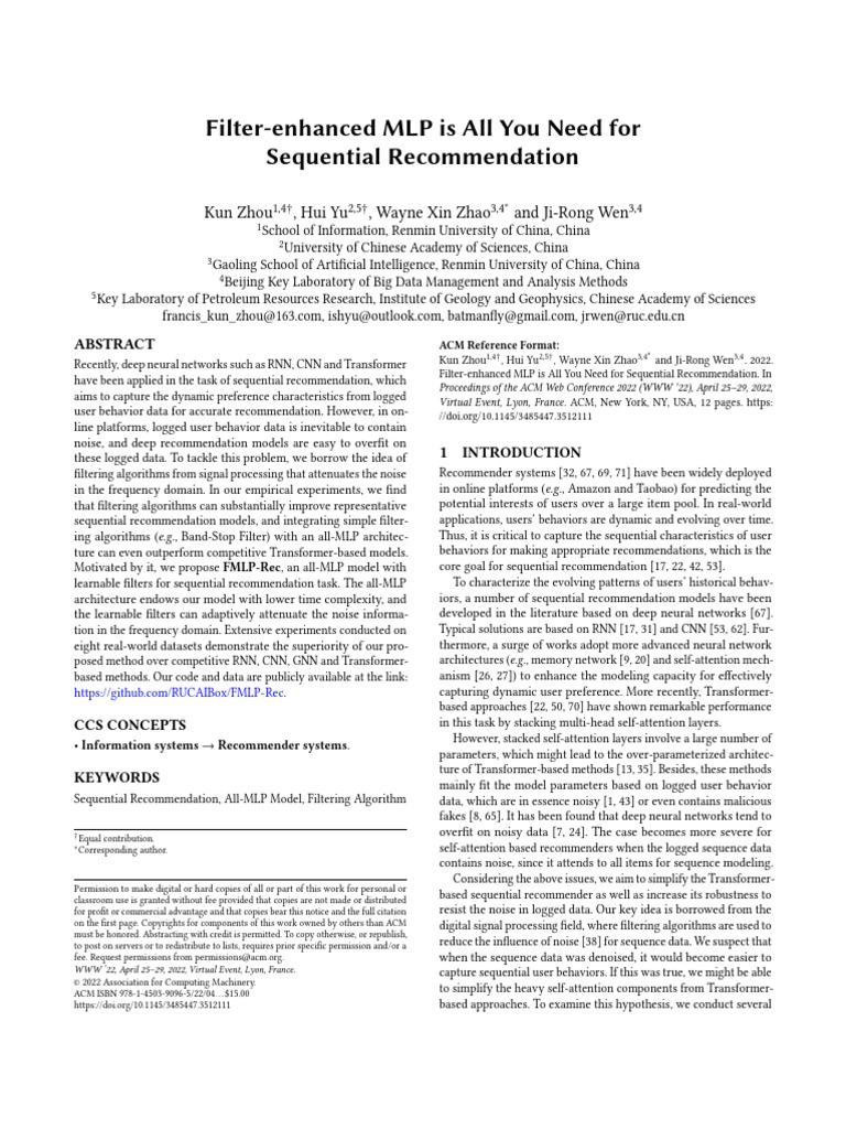 Filter-Enhanced MLP Is All You Need For Sequential Recommendation | PDF ...