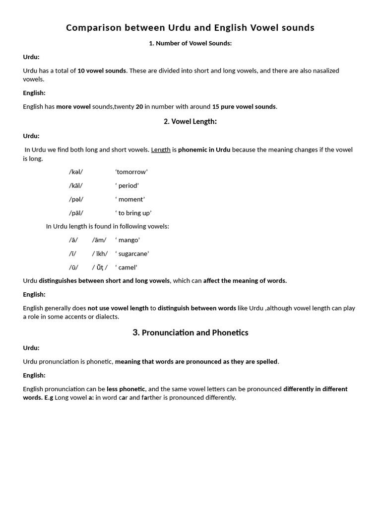 Urdu and English Vowel Comparison | PDF | Vowel | English Language