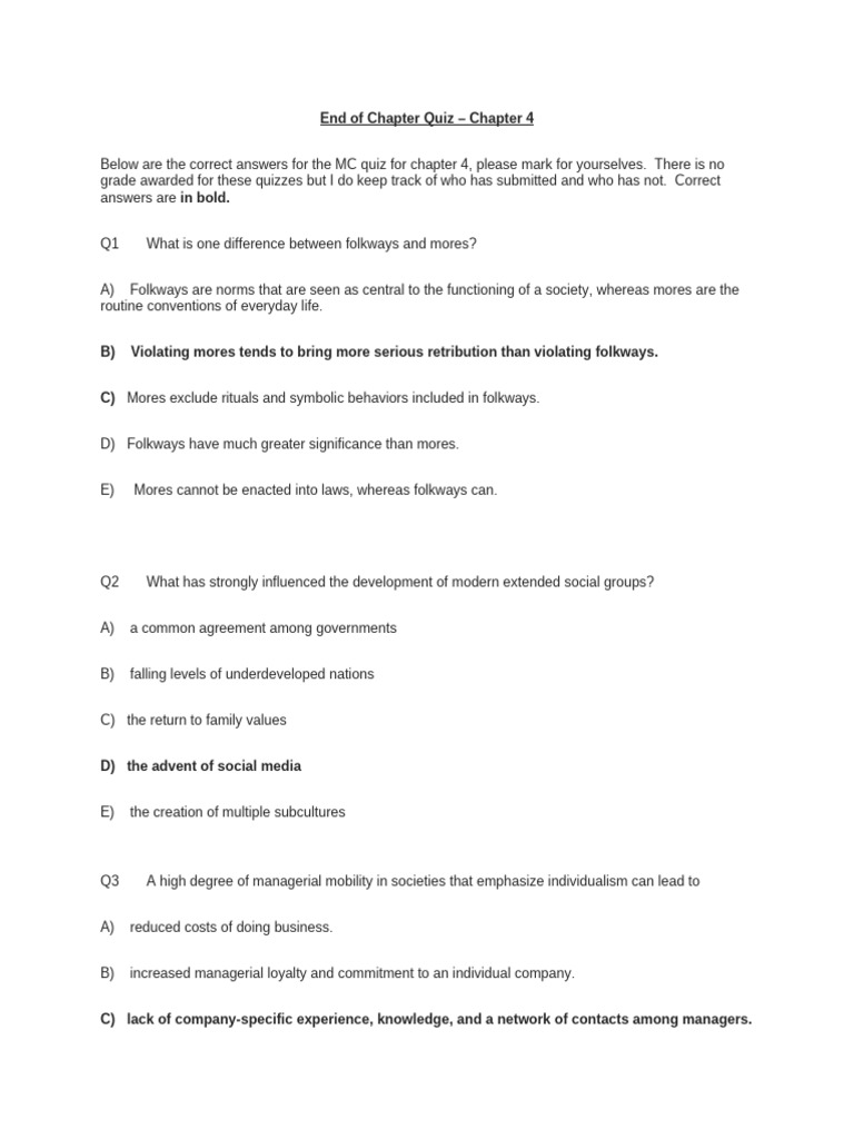 Chapter 4 Quiz Answers Guide | PDF | Social Psychology