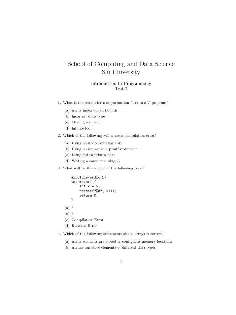 C Programming Test Questions and Answers | PDF | Integer (Computer ...