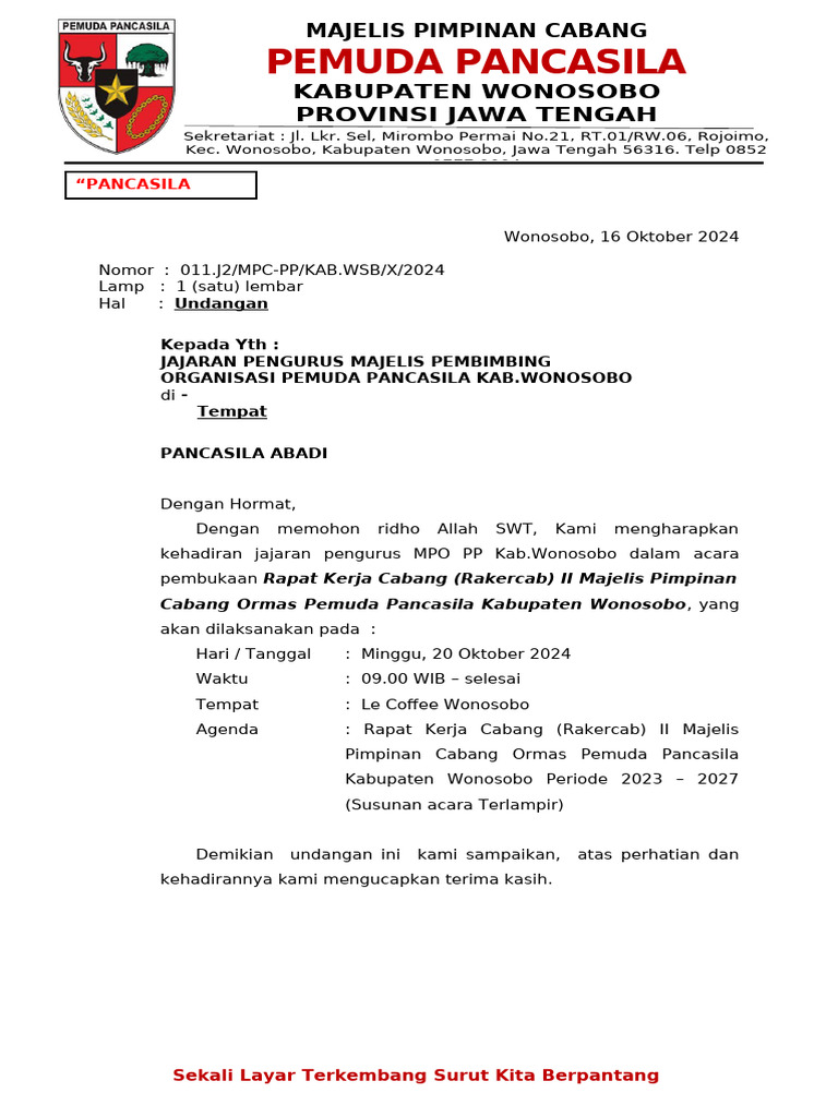 Undangan Rakercab II Pemuda Pancasila | PDF