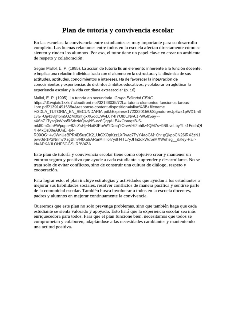 Plan de Tutoría y Convivencia Escolar | PDF | Aprendizaje ...