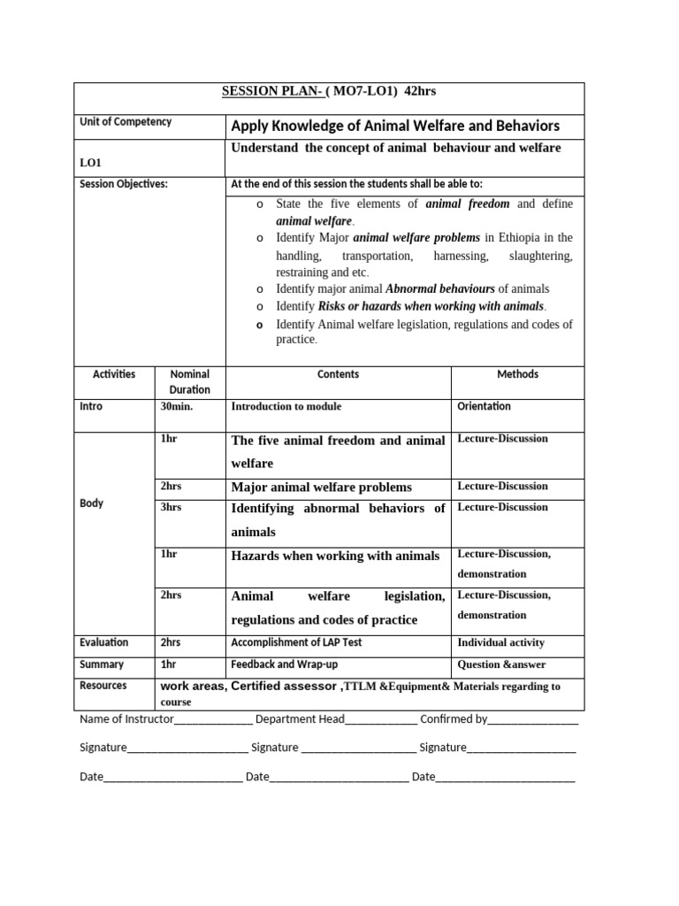 Animal Welfare and Behavior Session Plan | PDF | Animal Welfare | Behavior