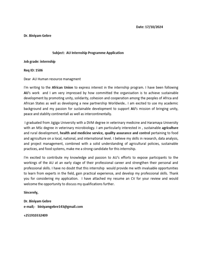 AU Internship Application by Dr. Gebre | PDF