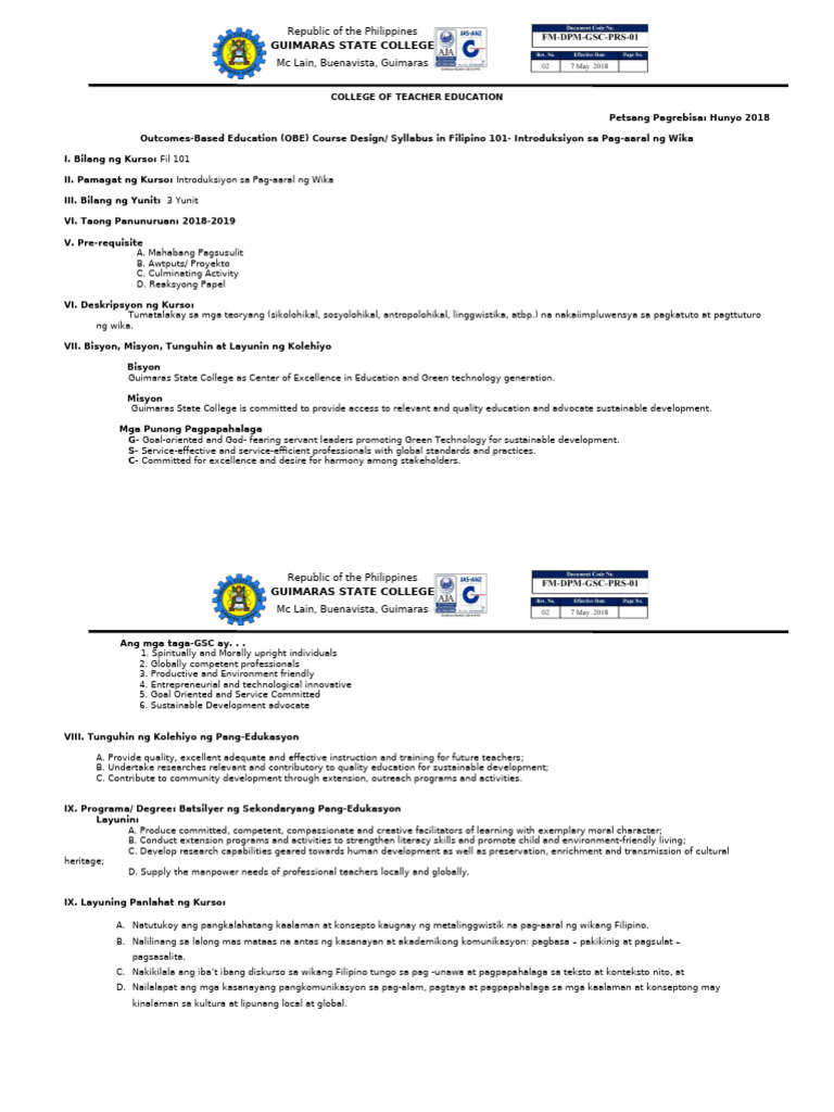 Course Syllabus Sa Intro Sa Pag-Aaral NG Wika (Cte) | PDF