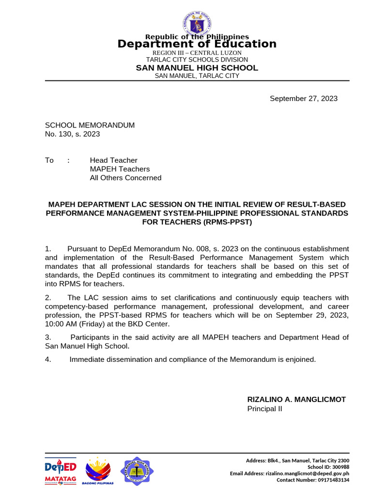 School Memo 130 September 29 2023 LAC SESSION ON THE INITIAL REVIEW OF ...