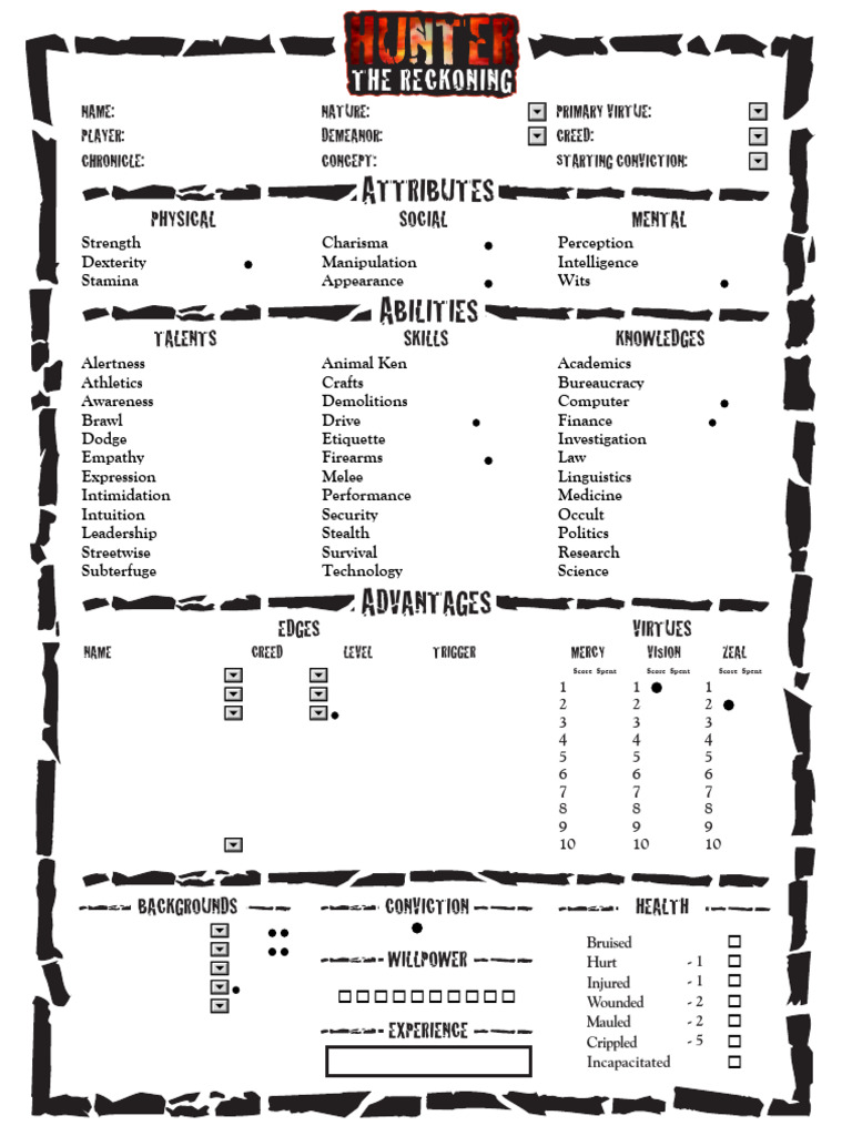 Hunter Character Sheet Template | PDF | Role Playing Games | Role ...
