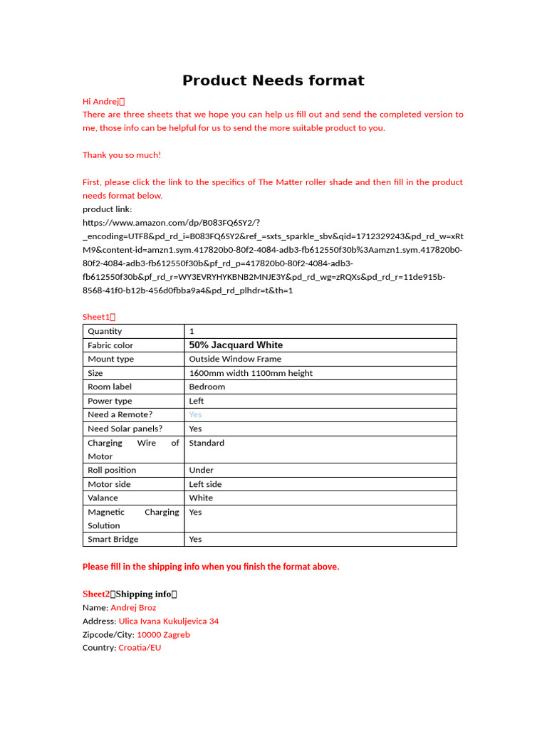 Product Needs and Shipping Info Template | PDF | Computing