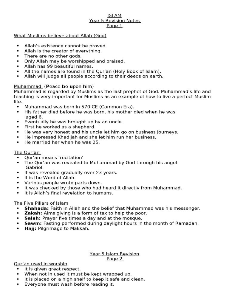 Year 5 Islam Revision Notes | PDF | Muhammad | Prophets And Messengers ...