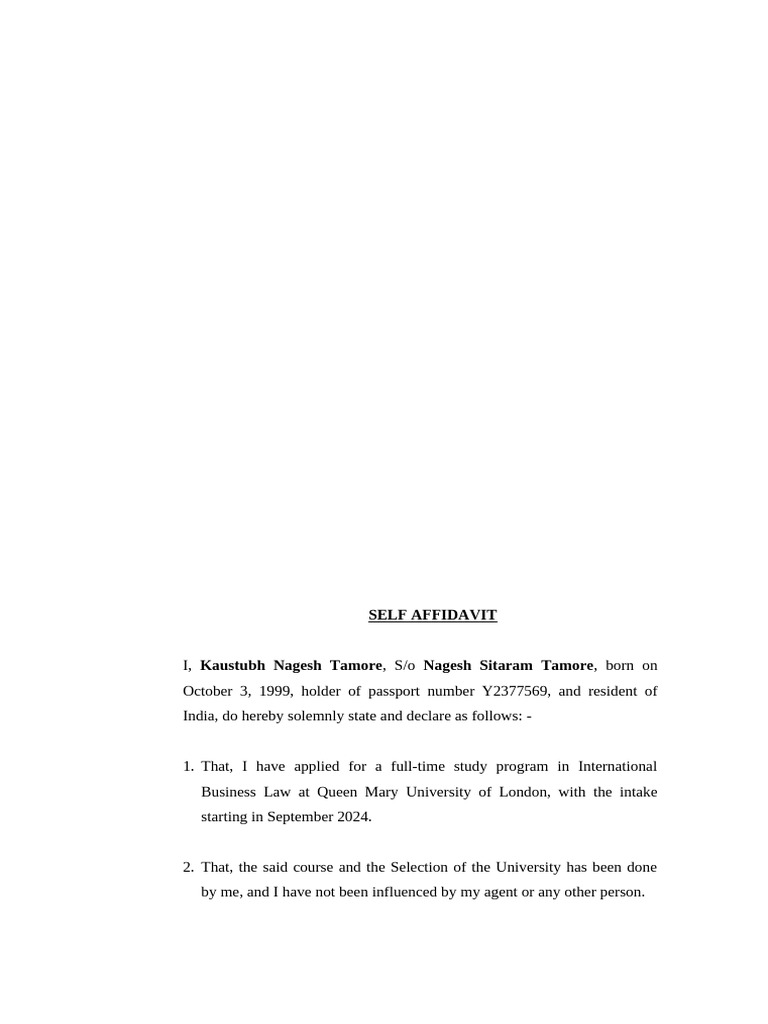 Self Affidavit for UK Student Visa | PDF | Travel Visa | Affidavit
