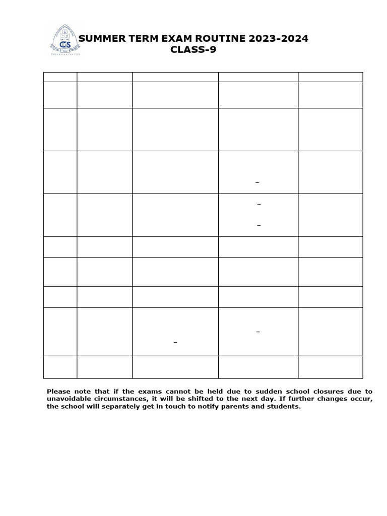 Class 9 - Summer Term Exam Routine & Syllabus 2023-24 | PDF ...