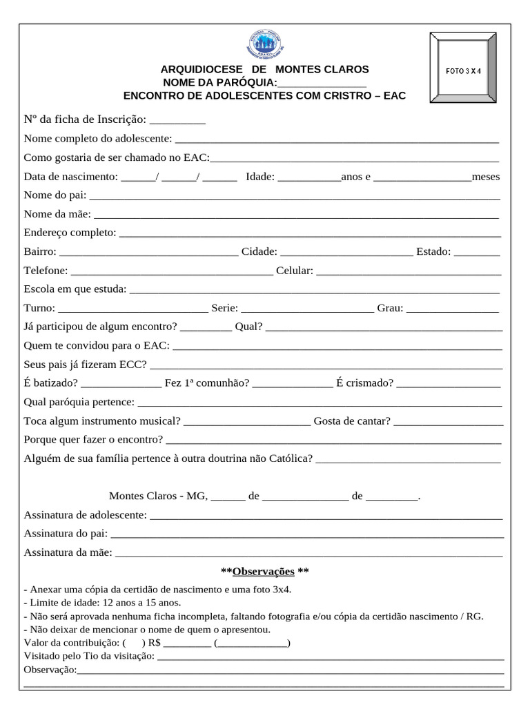 Ficha de Inscrição para EAC Montes Claros | PDF