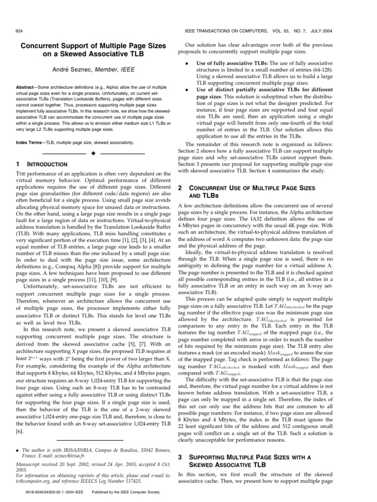 Concurrent support of multiple page sizes on a skewed associative tlb