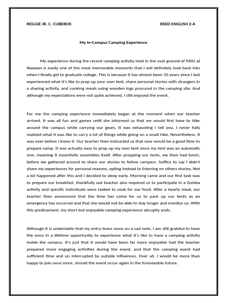 Reflecting on My Camping Experience | PDF | Camping