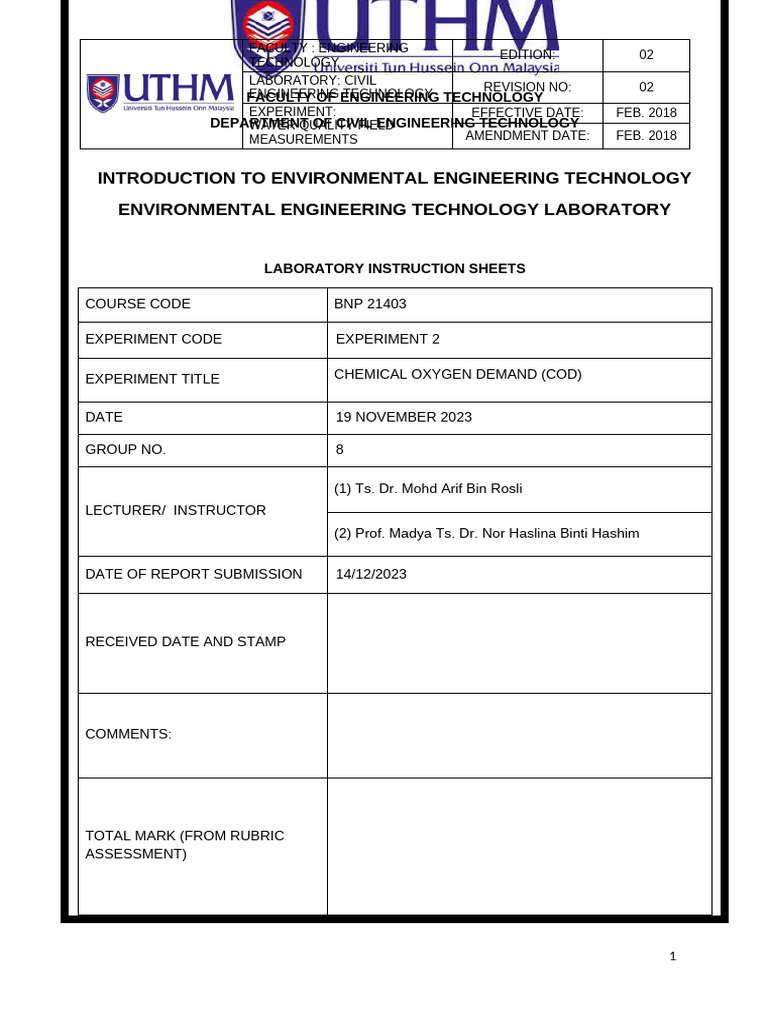 Chemical Oxygen Demand Lab Guide | PDF | Pollution | Environmental Science