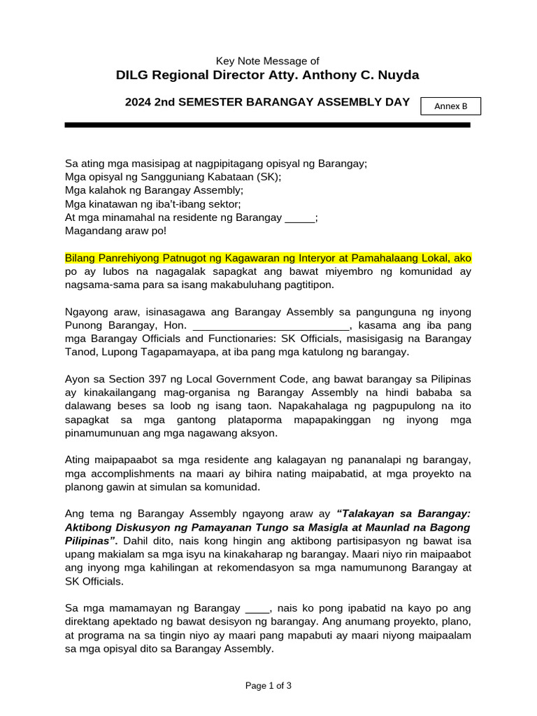 Edited Annex B Message of DILG R3 RD Nuyda - October 2024 | PDF