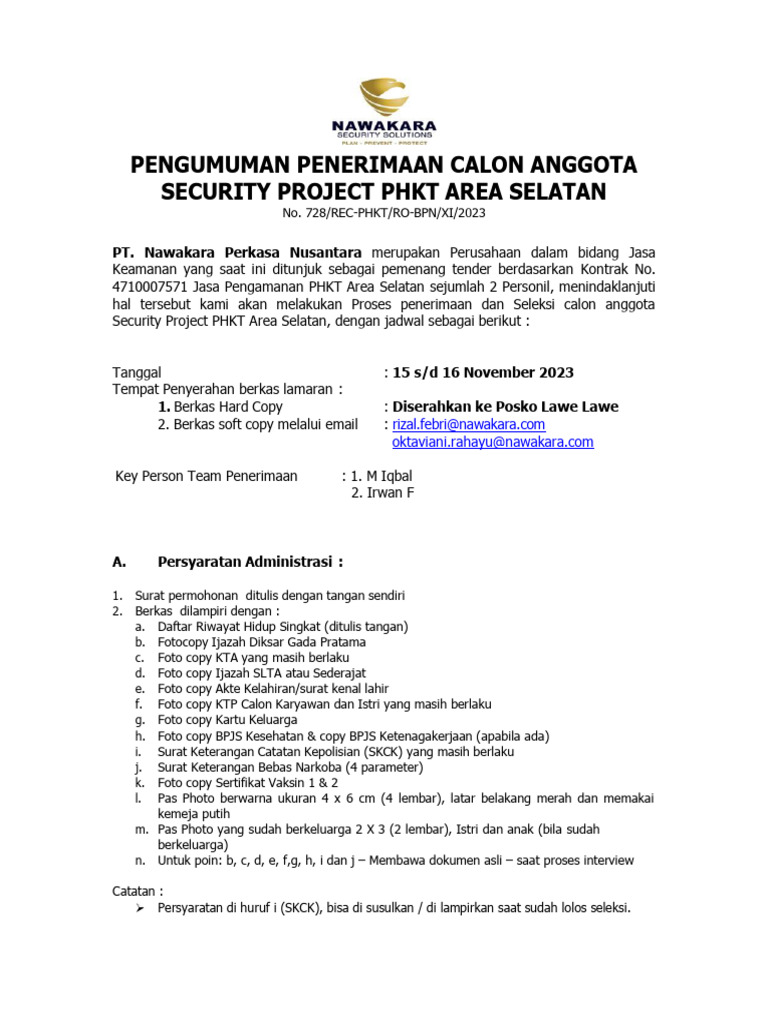 Pengumuman Penerimaan Security New Hire Project PHKT Lawe - Lawe 15 ...