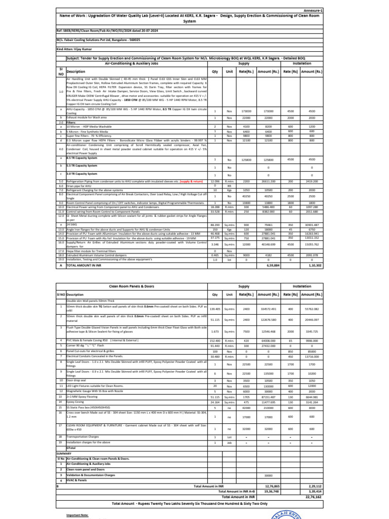 HVAC AND CL Room Final Offer Fabair - 20-7-24 | PDF | Duct (Flow ...