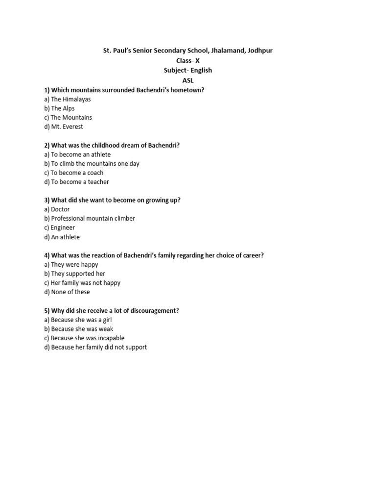 Bachendri's Journey: Class X English ASL | PDF